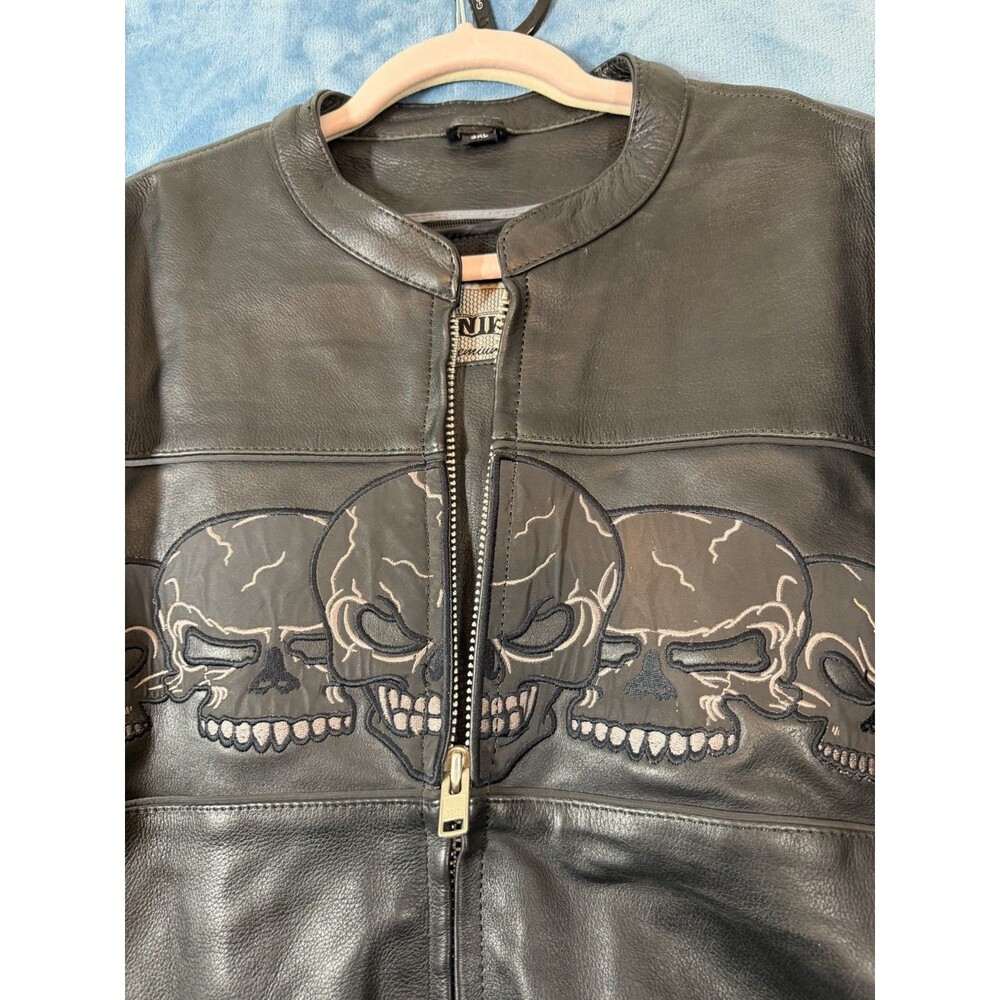 UNIK Premium Leather Motorcycle Jacket 3XL NWOT Black Reflective Skulls Liner